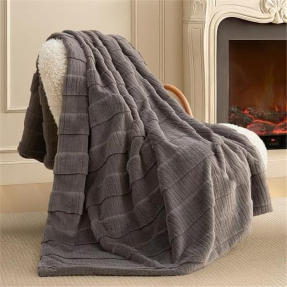 Luxury Faux Fur Throw Blanket 60x80 Striped Plush Soft Gray